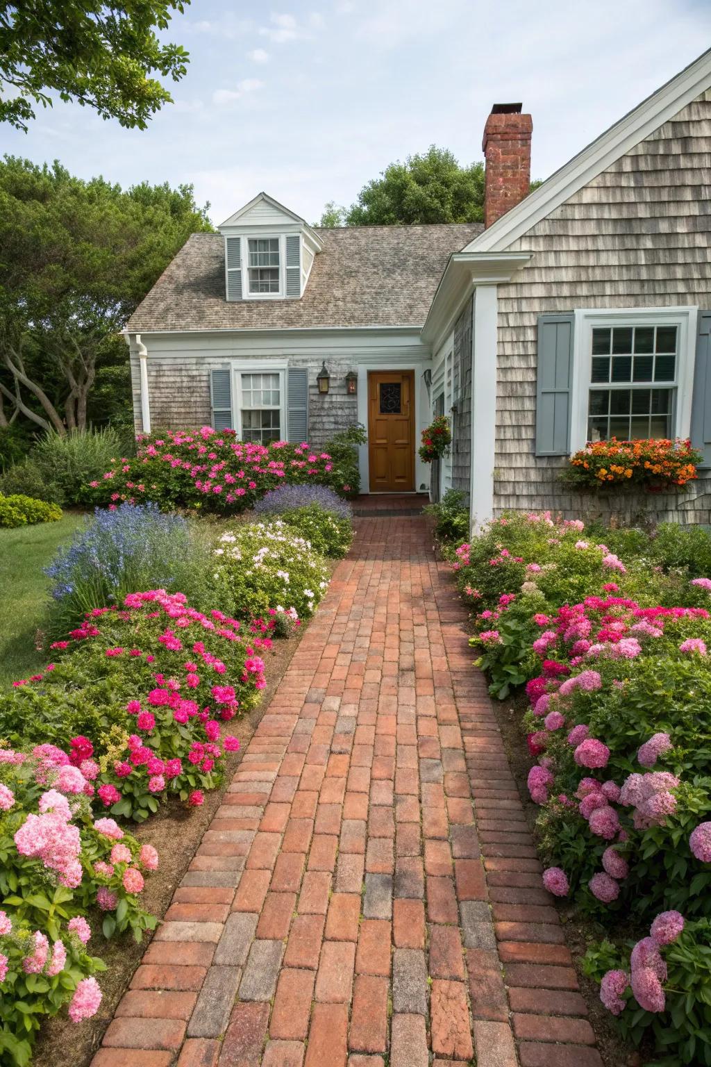 A welcoming brick pathway that guides guests to the front door.