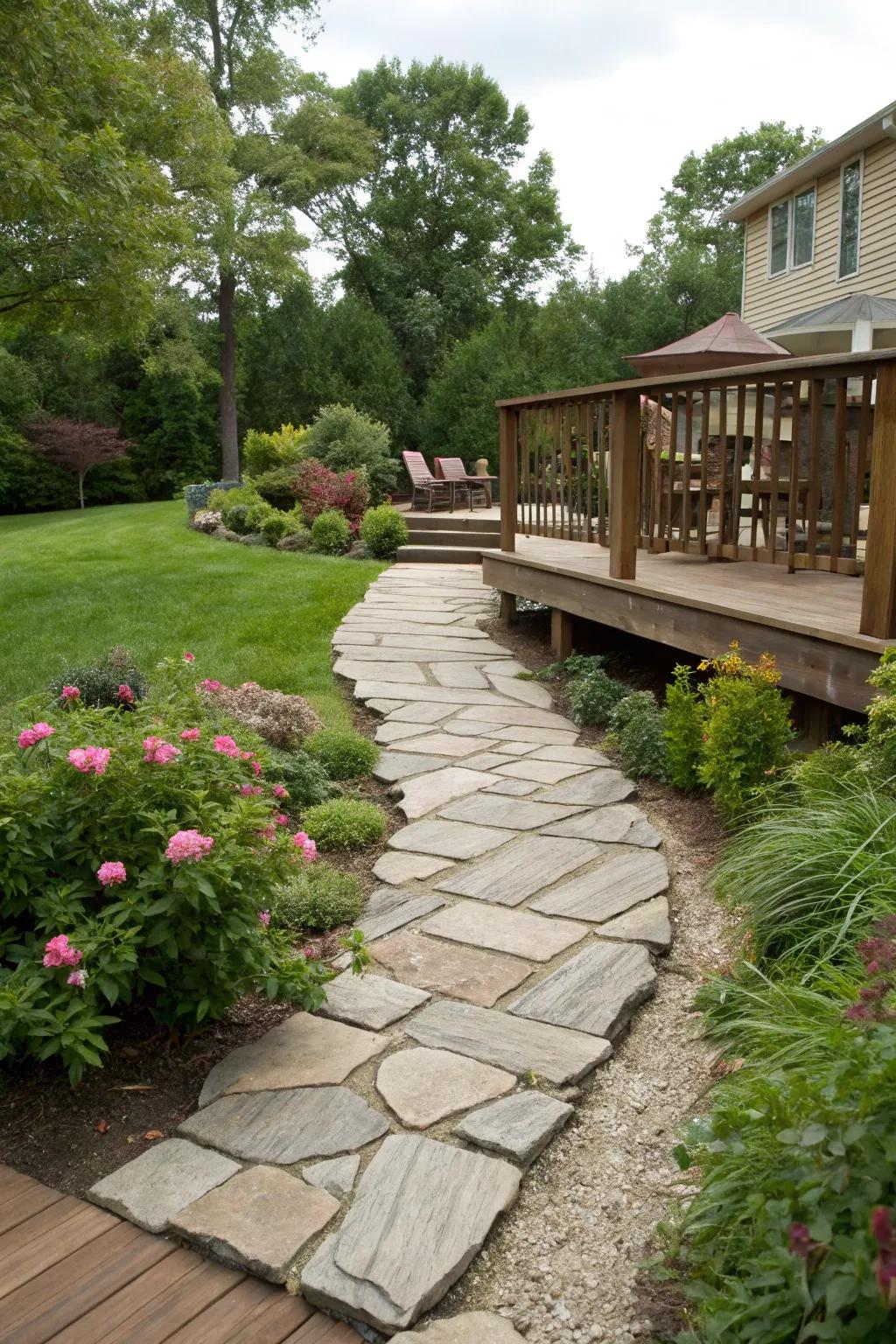 Charming stone pathway leading to a welcoming front yard deck.