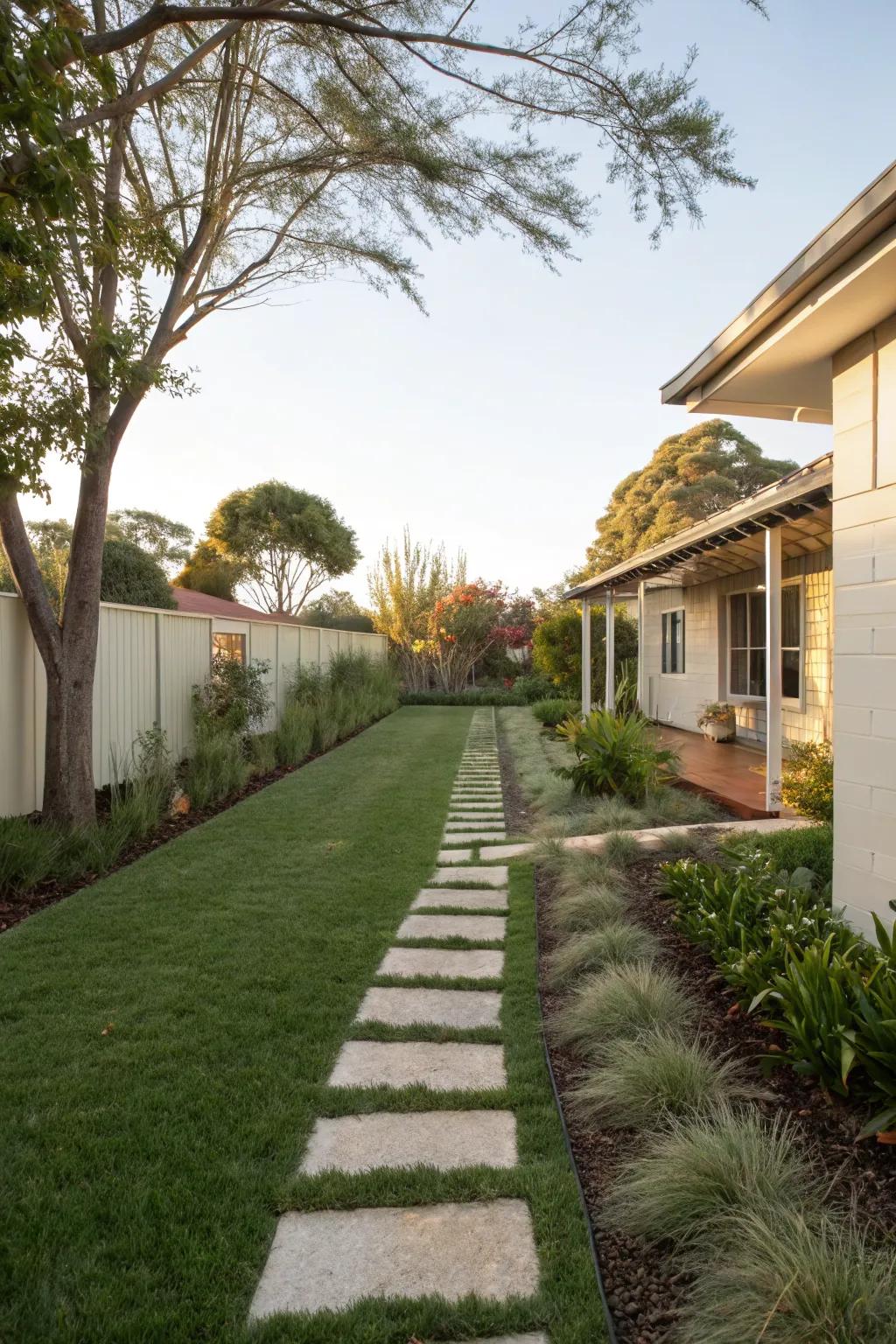 Grass pathways subtly divide spaces in a modern front yard.