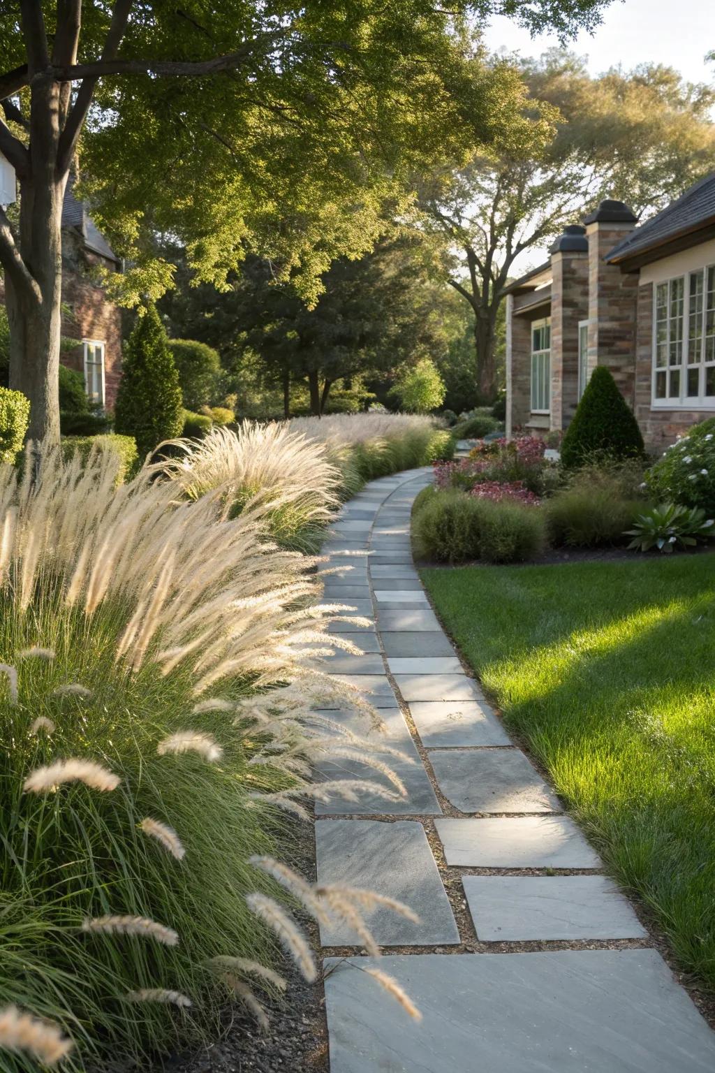Ornamental grasses add texture and movement to the entrance.