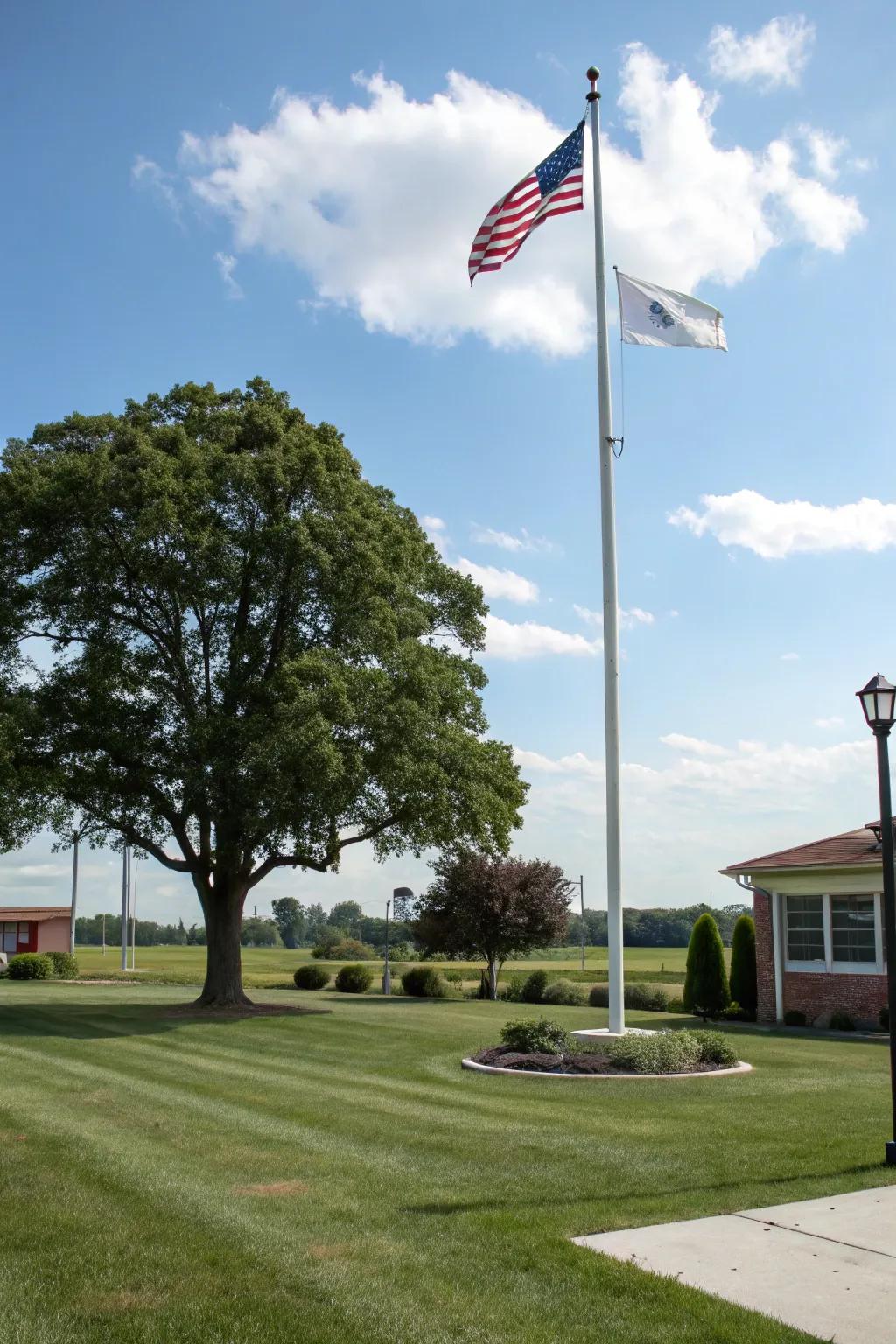 Balancing elements in the yard with a flagpole and tree.