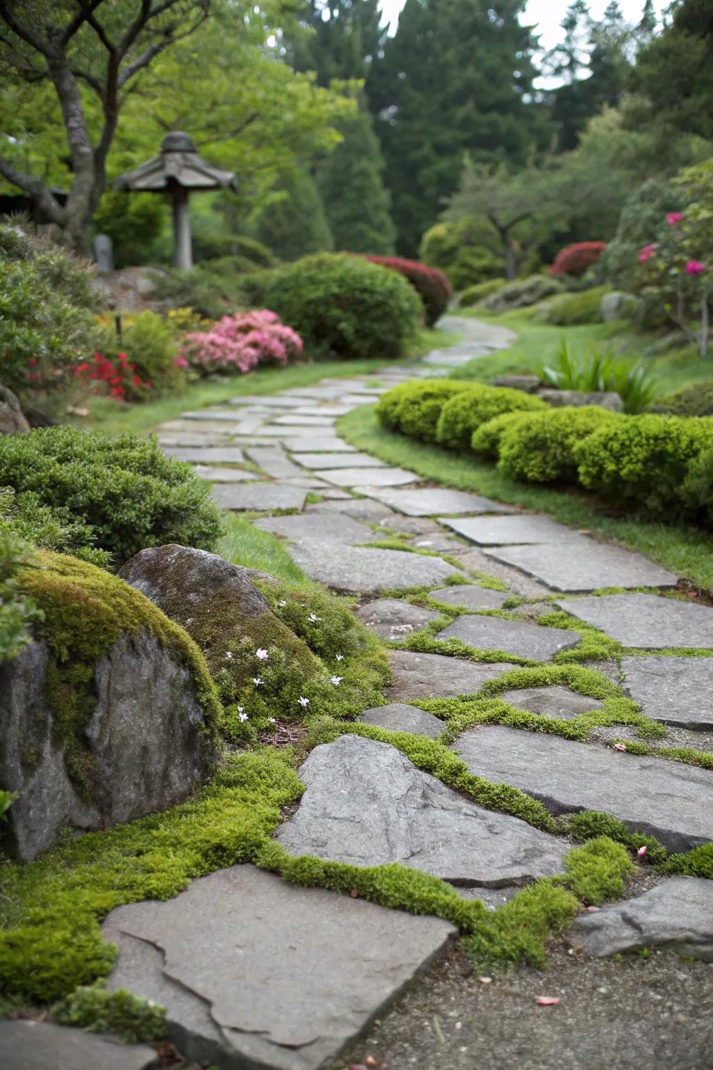Seamless plant integration between flagstones.