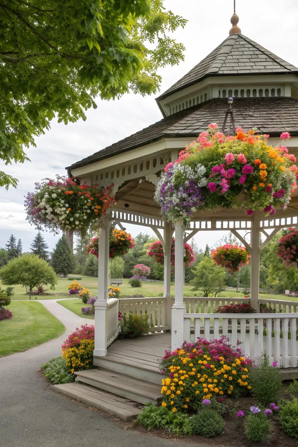 A floating floral canopy brings a touch of whimsy and color.