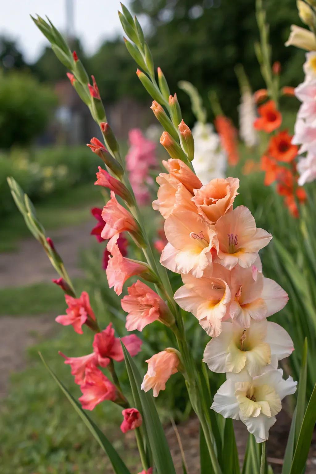 Staggered planting of gladiolus ensures blooms throughout the season.