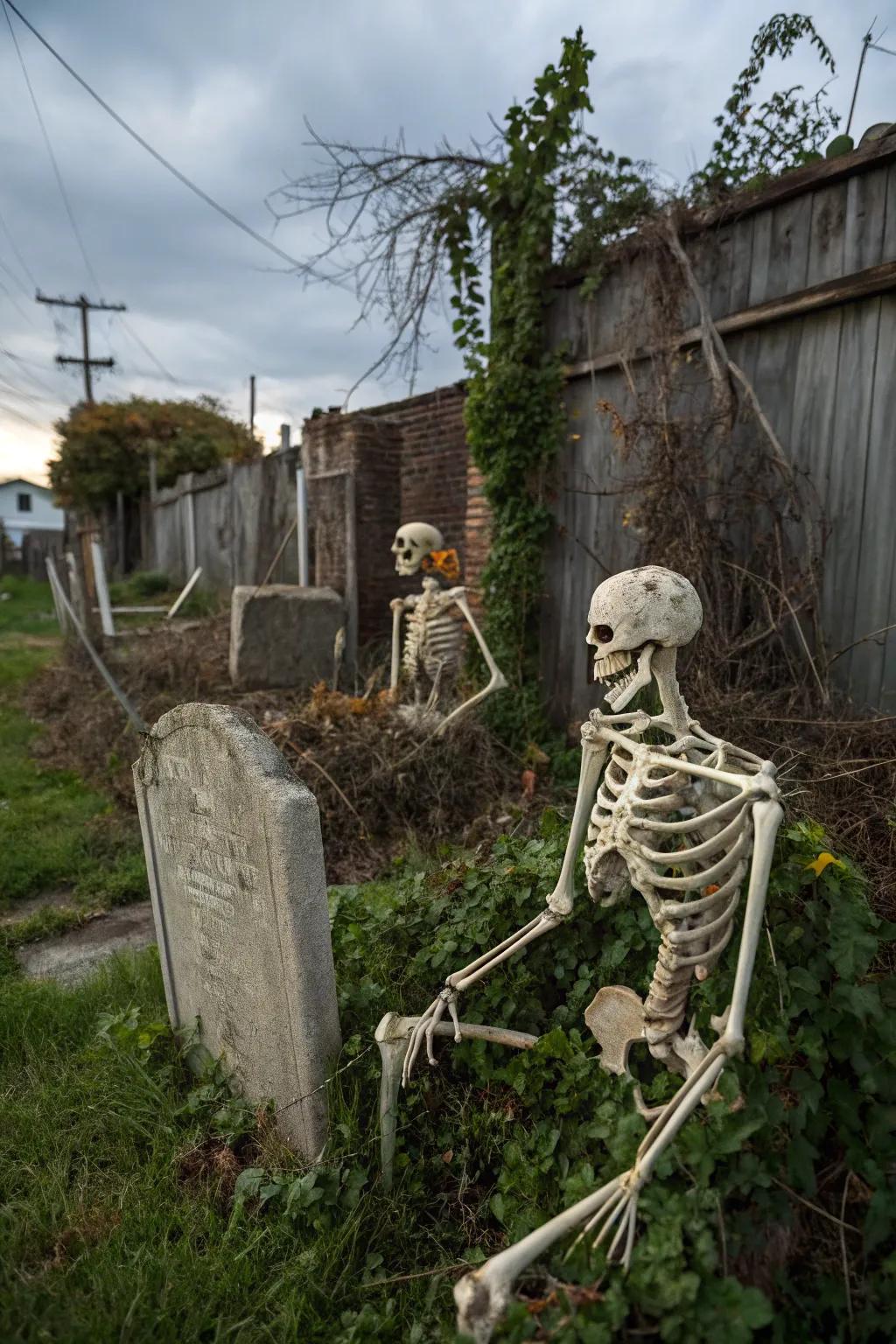 Skeletons add humor and spookiness to the scene.