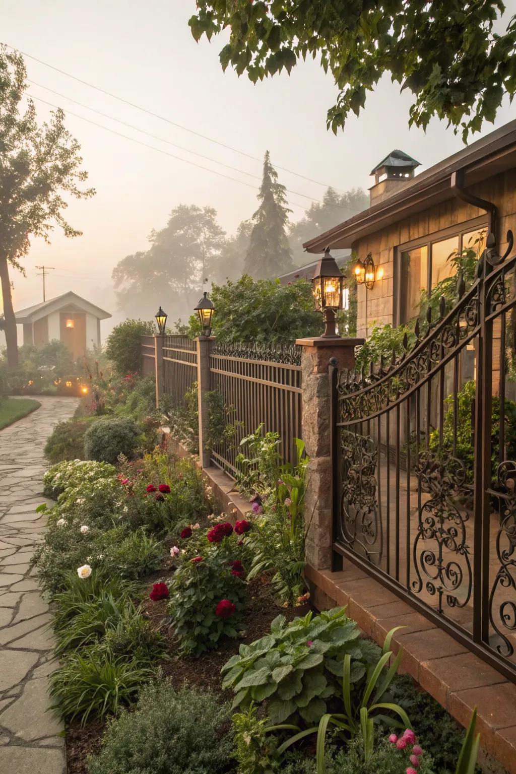 Decorative panels add both privacy and style to this front yard iron fence.