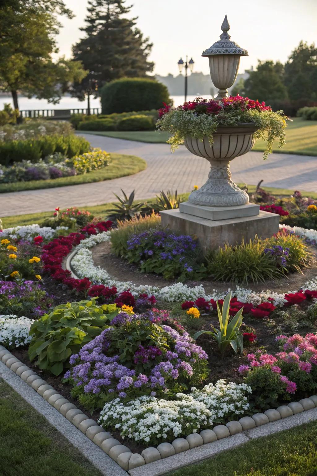 A symmetrical island flower bed with balanced colors and plant shapes in a front yard.