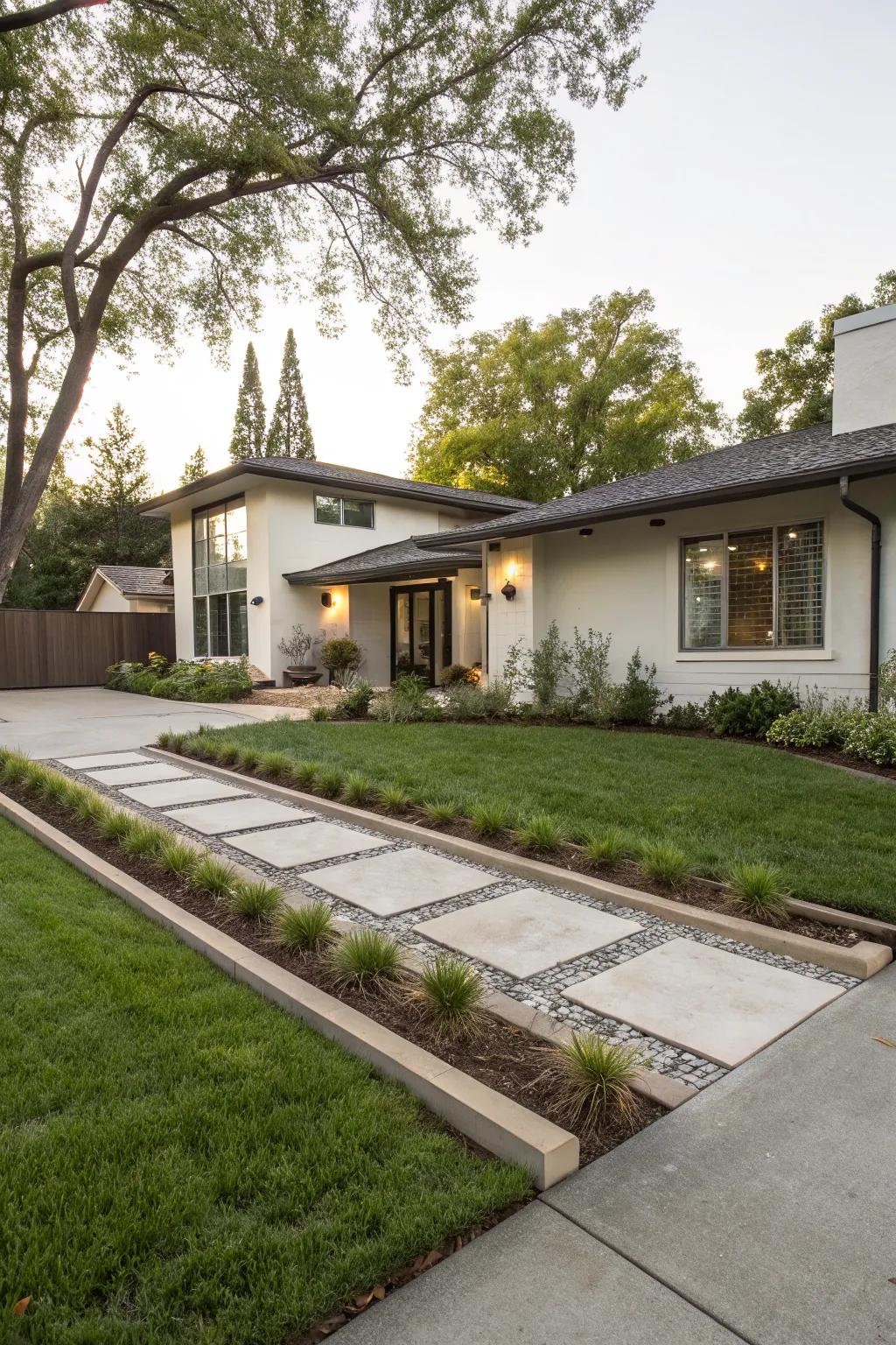 Concrete and pavers create a modern, sleek look for this front yard landscape.