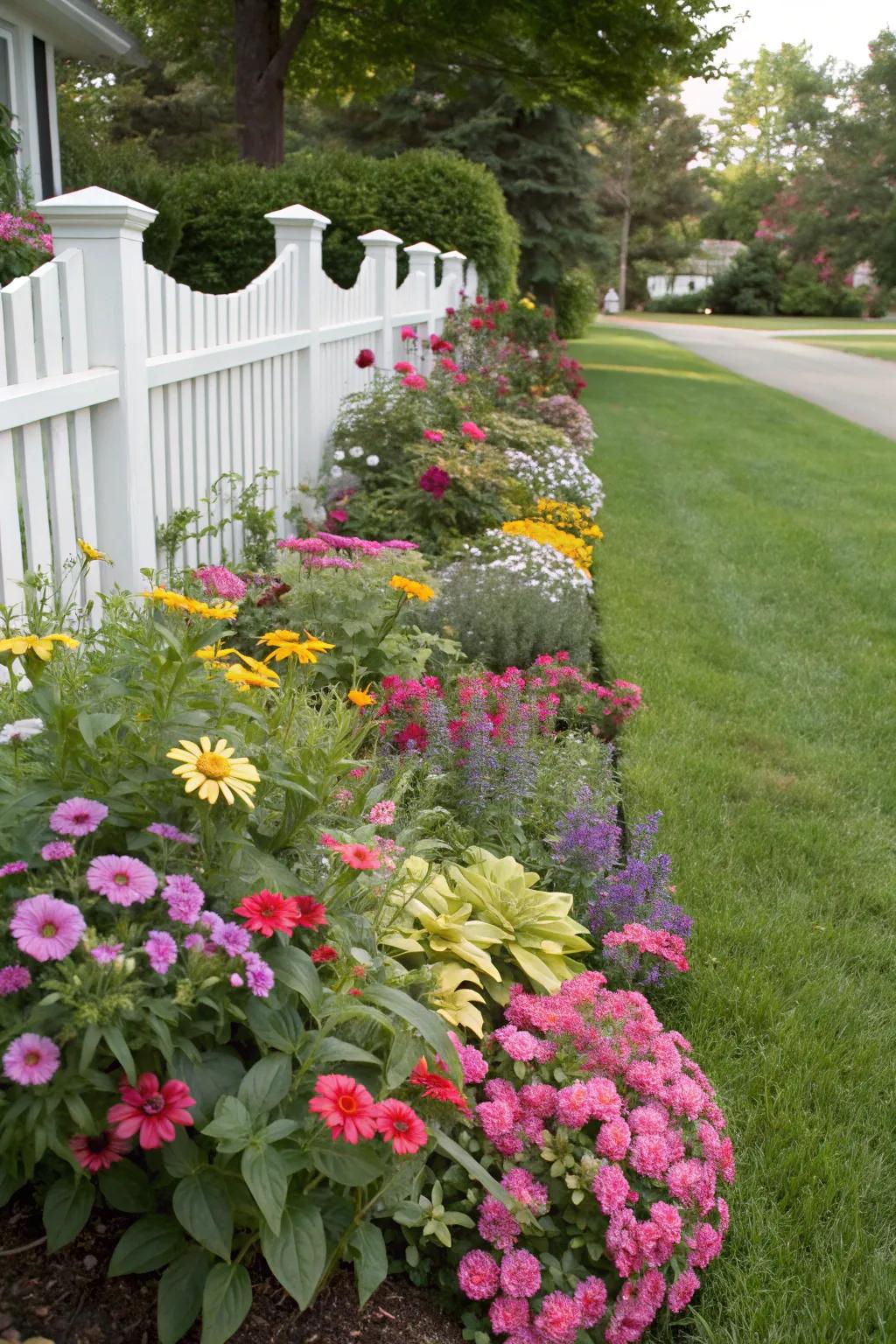 A vibrant flower bed adds a burst of color and fragrance to the front yard.