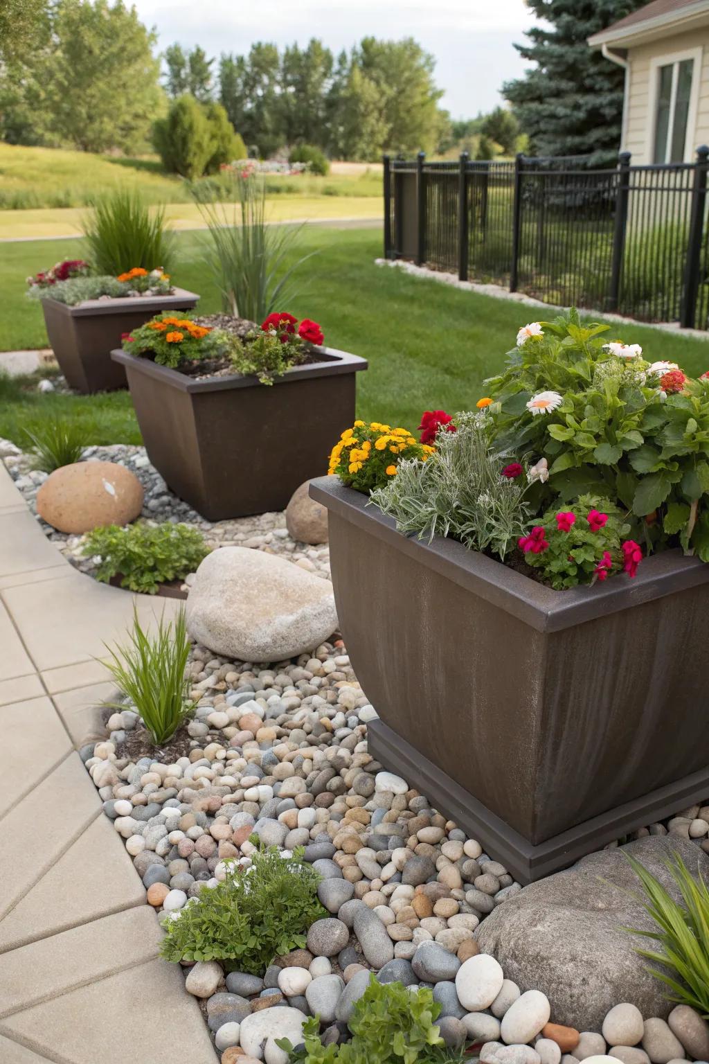 Elevated planters with stone accents add height and interest.