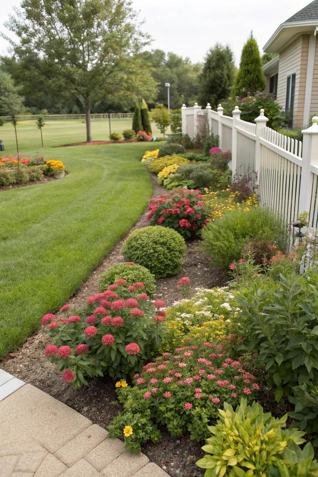 Symmetrical designs bringing balance to a Zone 6 front yard.