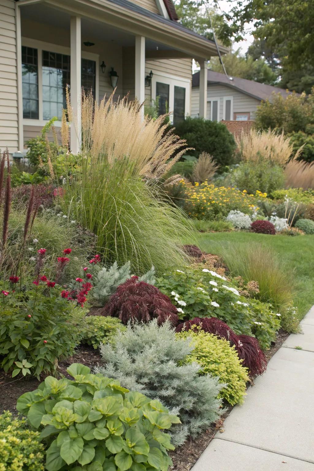 A front yard showcasing a beautifully layered plant arrangement.