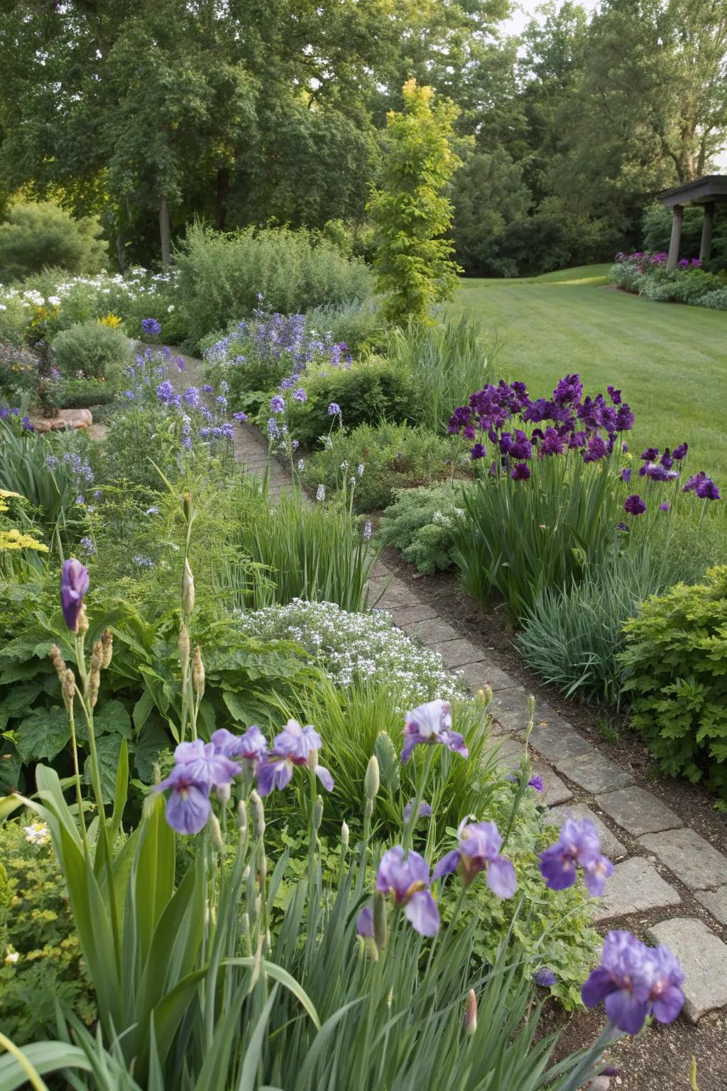 Layered planting with irises, adding visual depth to the garden.