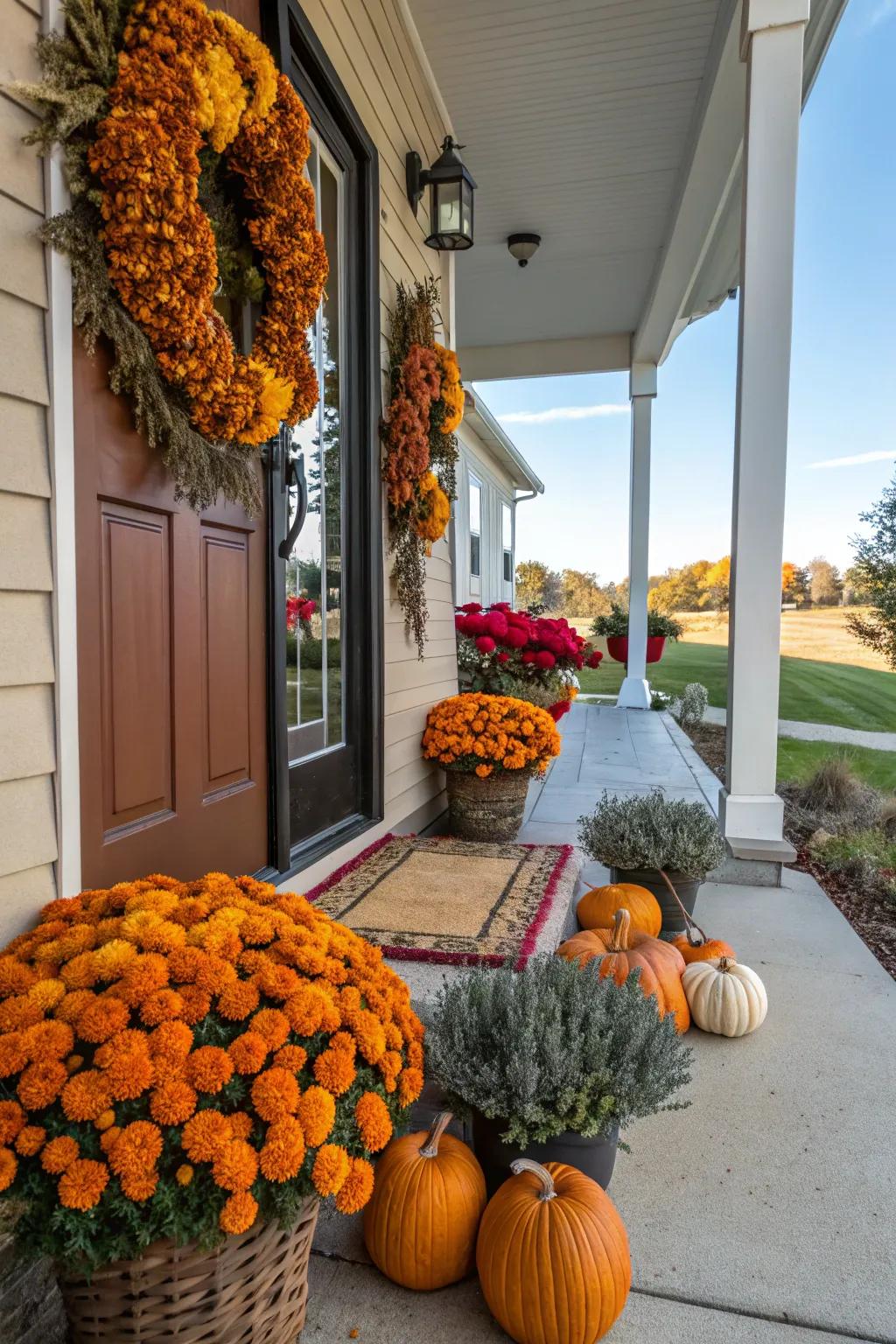 Seasonal marigold displays add charm to entryways.