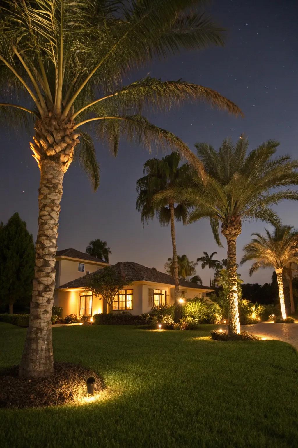 Subtle lighting transforms your palm landscape into an enchanting nighttime retreat.