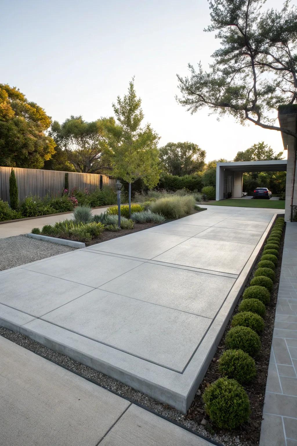 A sleek concrete parking pad offering durability and low maintenance.