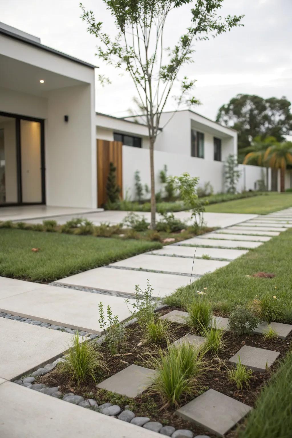A modern front yard with clean lines and minimalistic plantings.