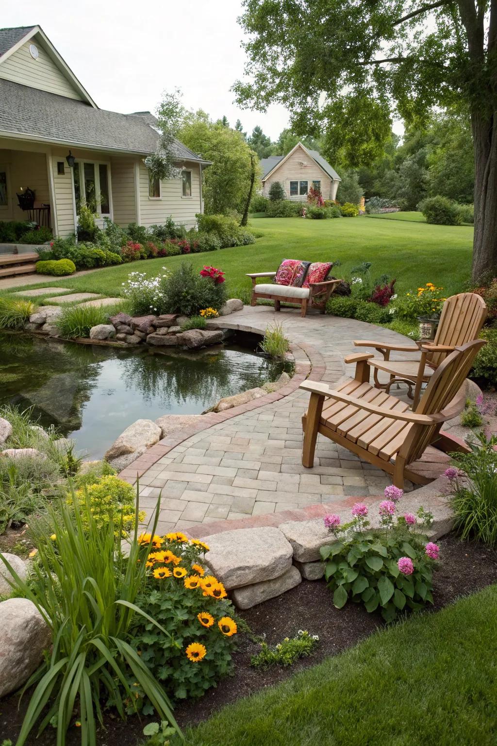A cozy seating area makes a pond a perfect relaxing spot.