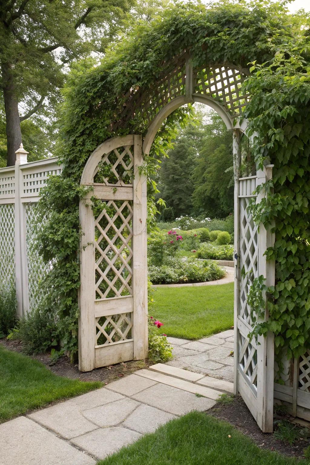 Vines cascading over lattice panels create a beautiful and private space.