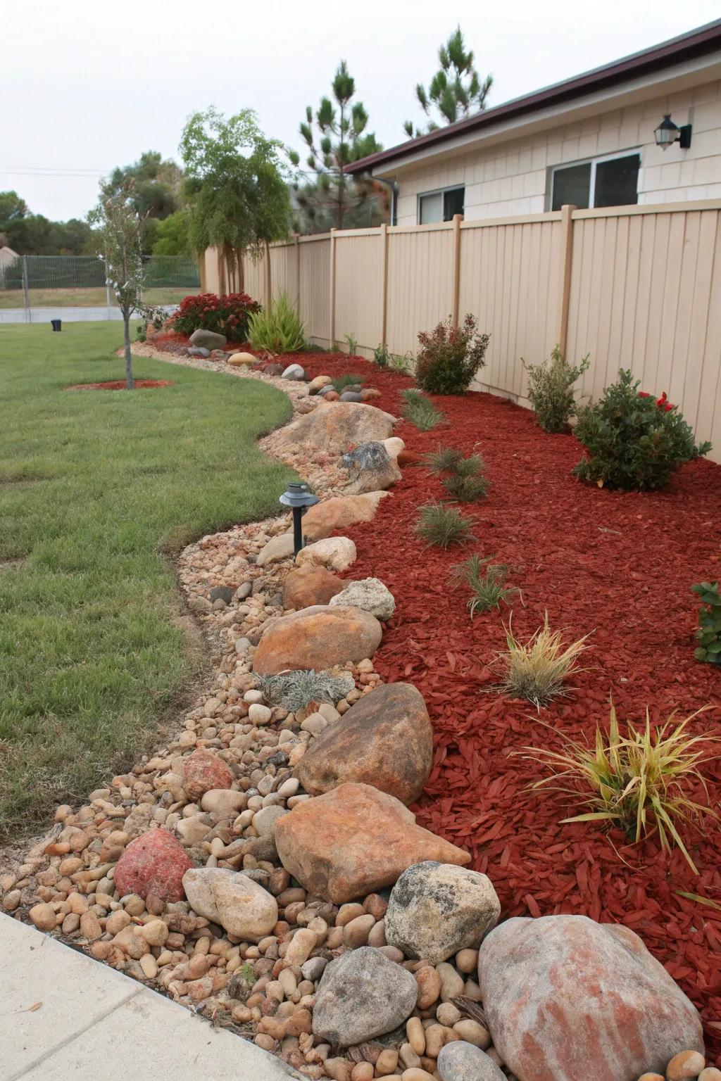 Red mulch and decorative rocks creating a textural masterpiece.