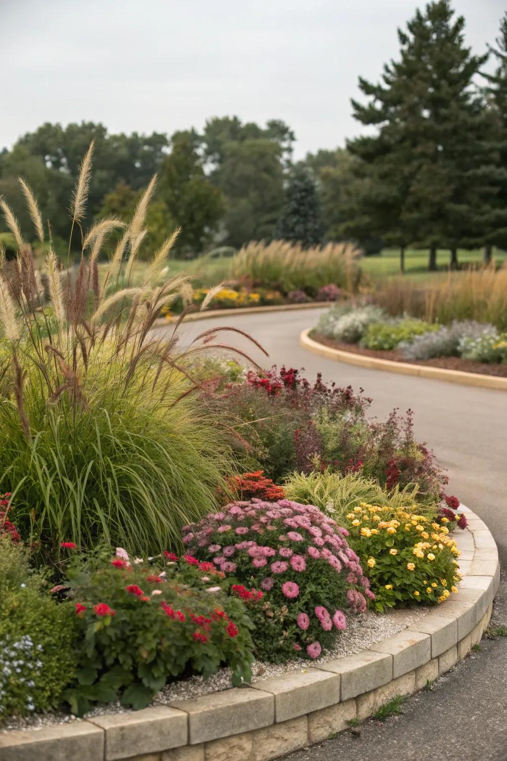 Layered plants create depth and interest in this round flower bed.
