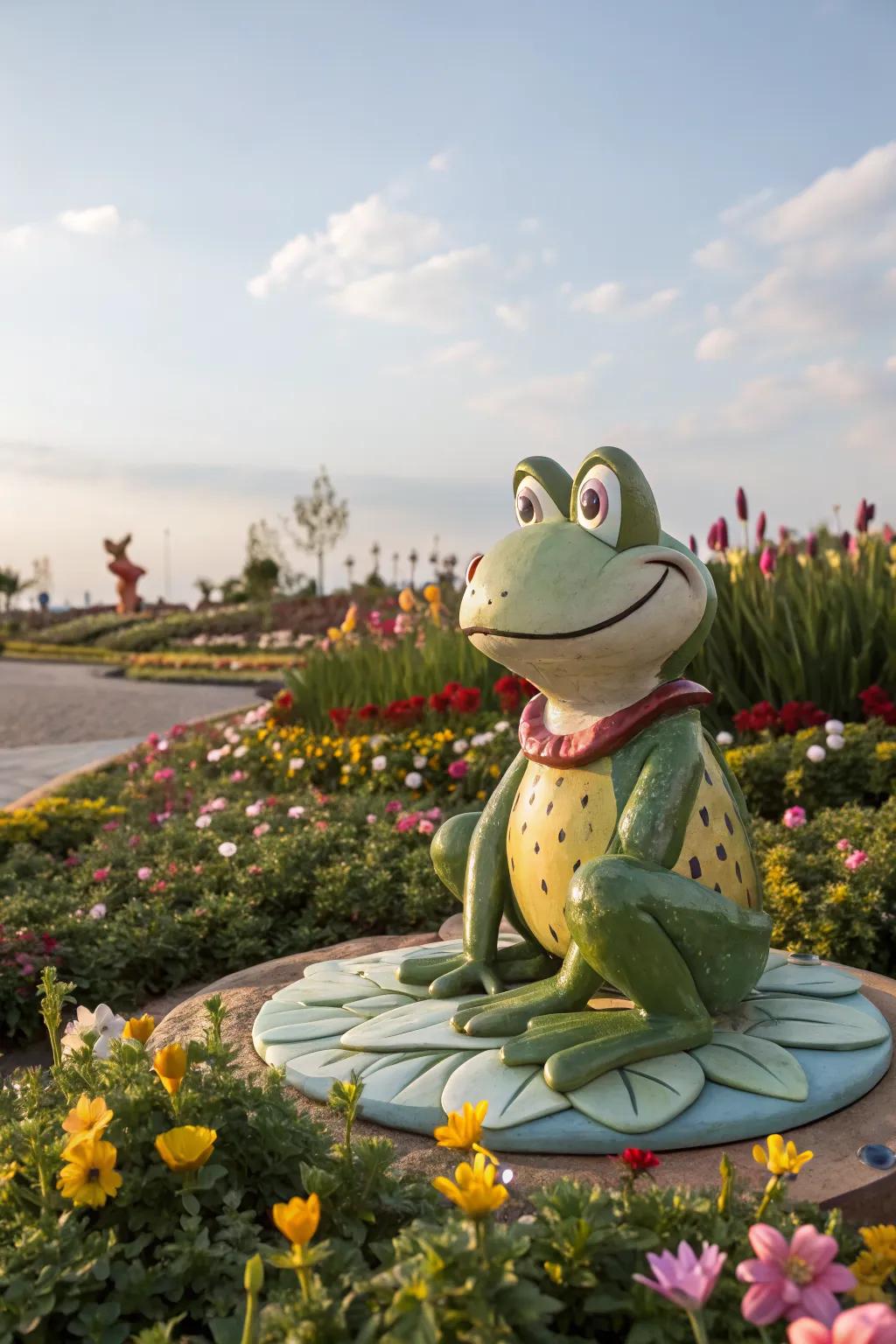 A whimsical frog statue brings playful charm.