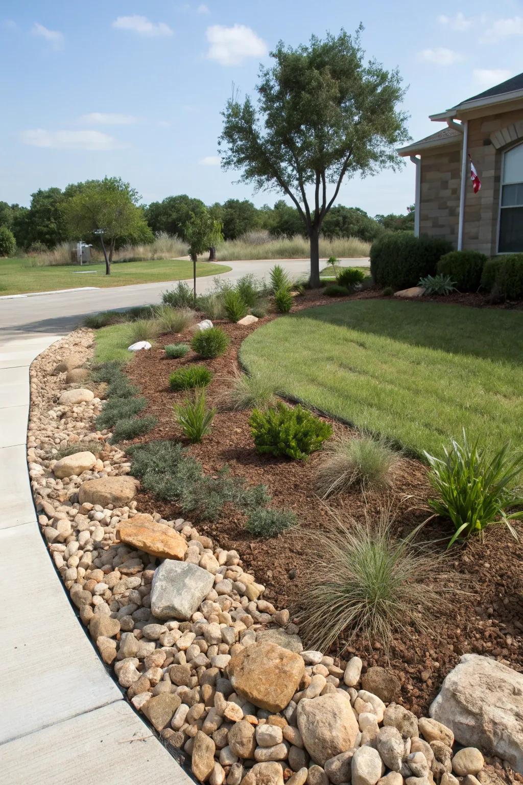 Mulch and rock beds help conserve water and maintain soil moisture