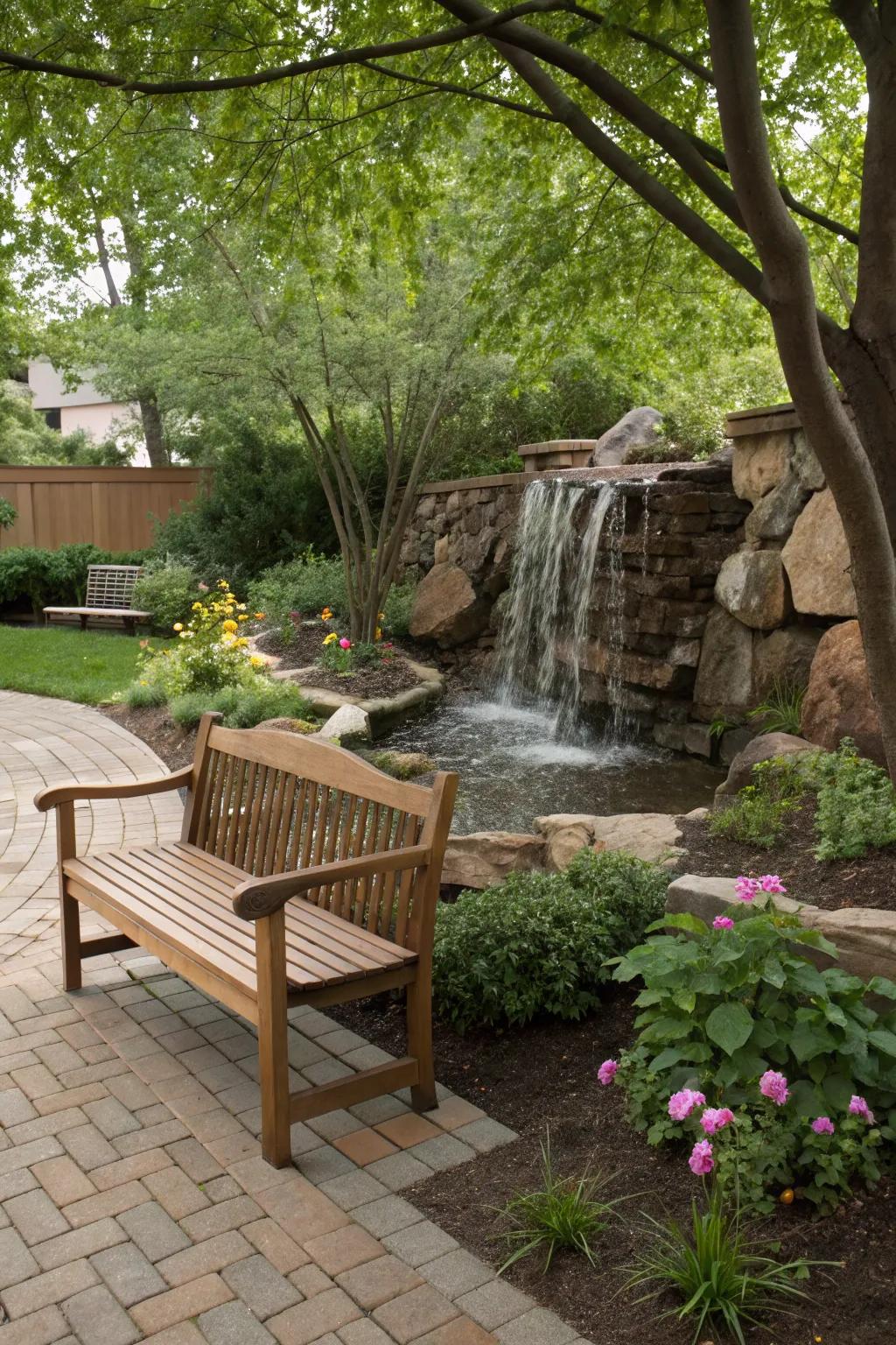 A seating area by the waterfall invites relaxation and reflection.