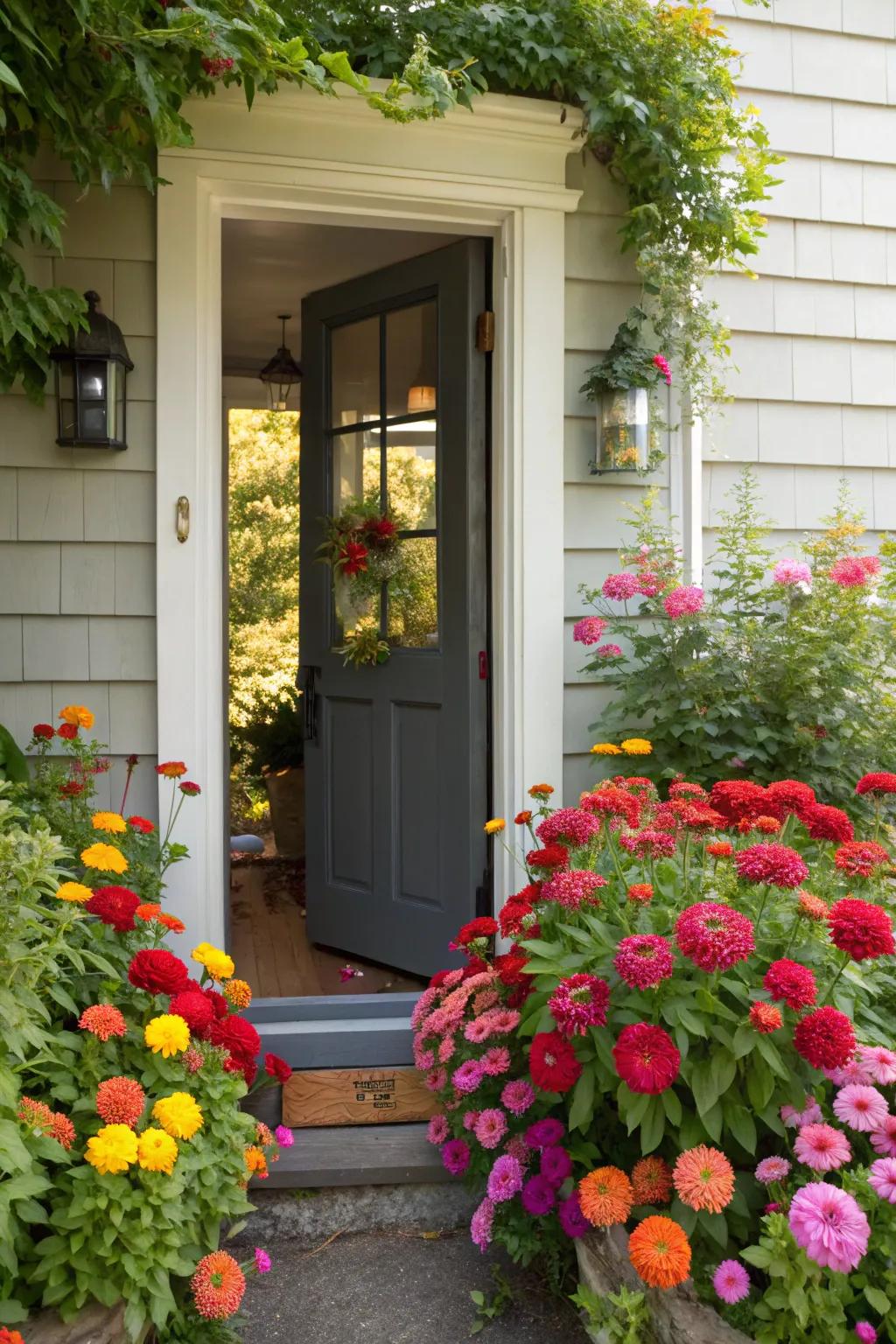 Framing your entrance with zinnias adds a warm, inviting touch.
