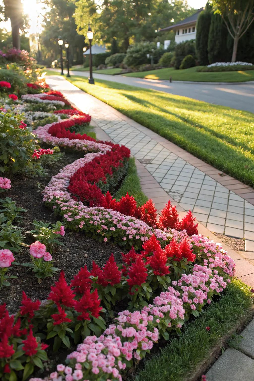 Celosia and vinca form a vibrant ribbon of color in this artistic garden bed.