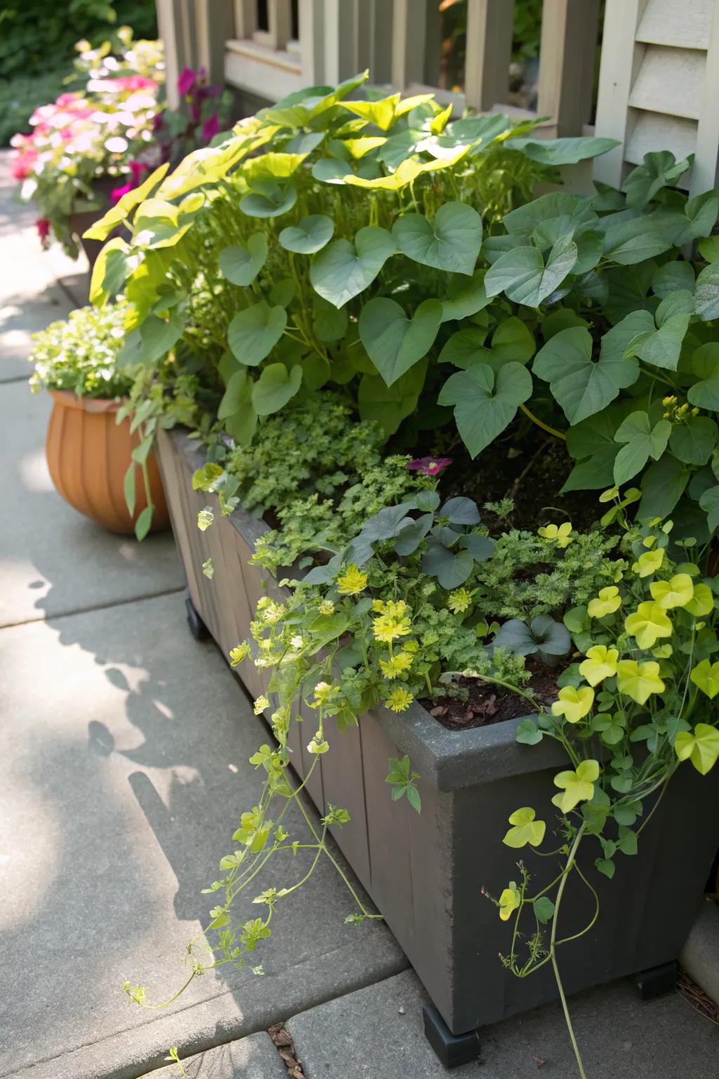 Trailing plants create a waterfall effect in the garden.