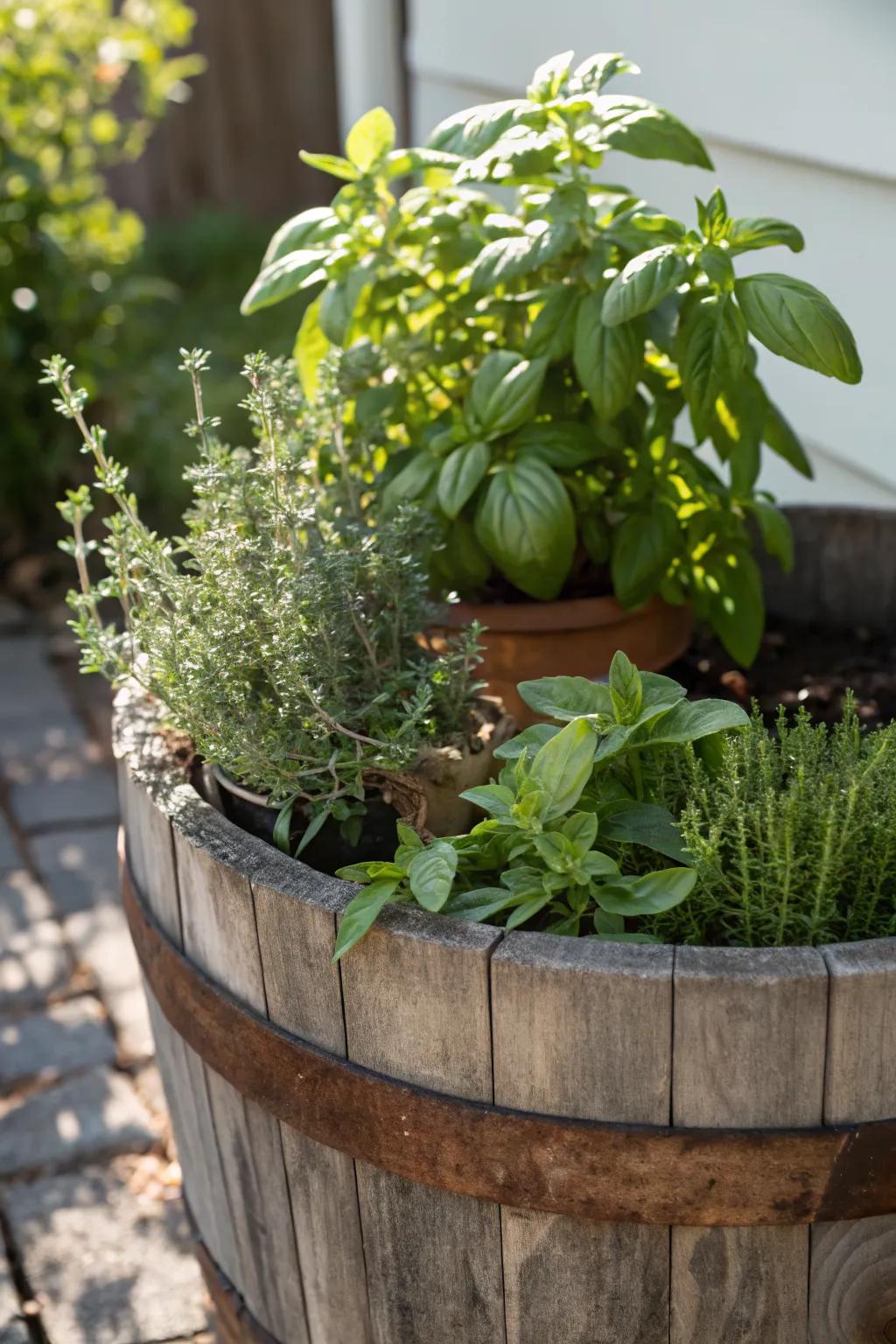 Herbs thriving in a rustic barrel planter