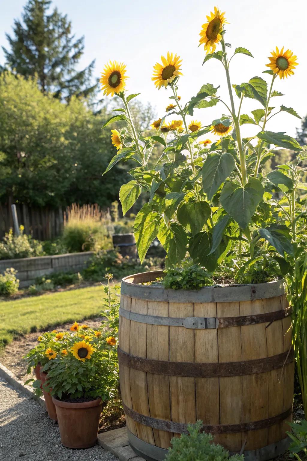 Sunflowers standing tall in a whiskey barrel.
