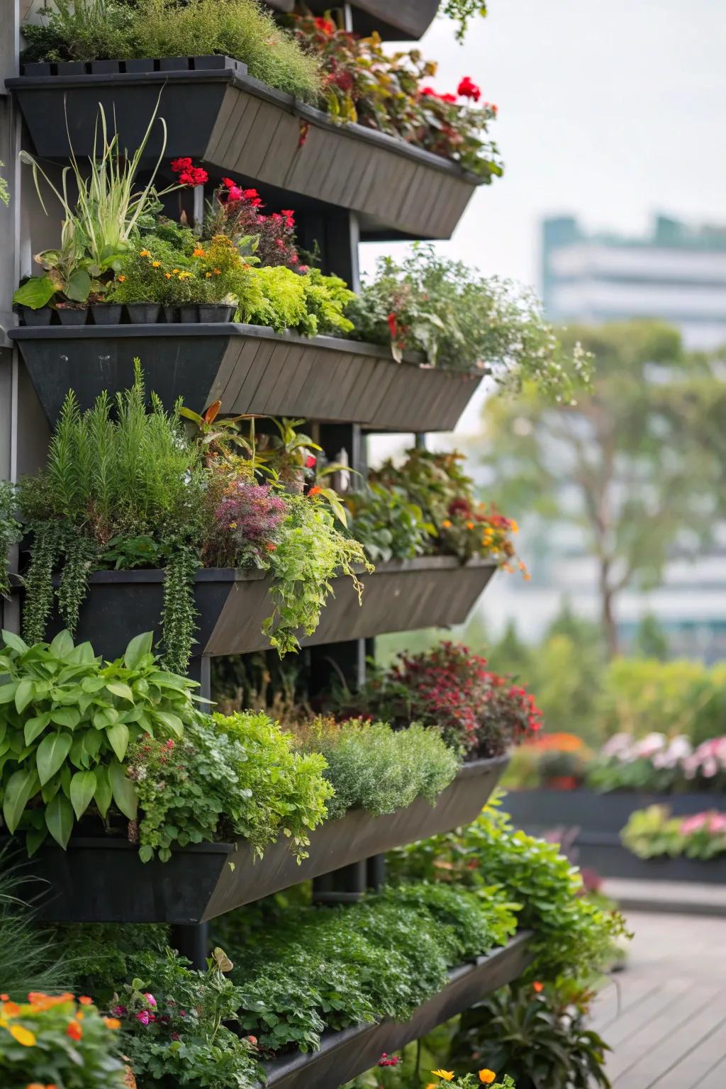 Vertical garden showcasing a variety of plants in a compact space