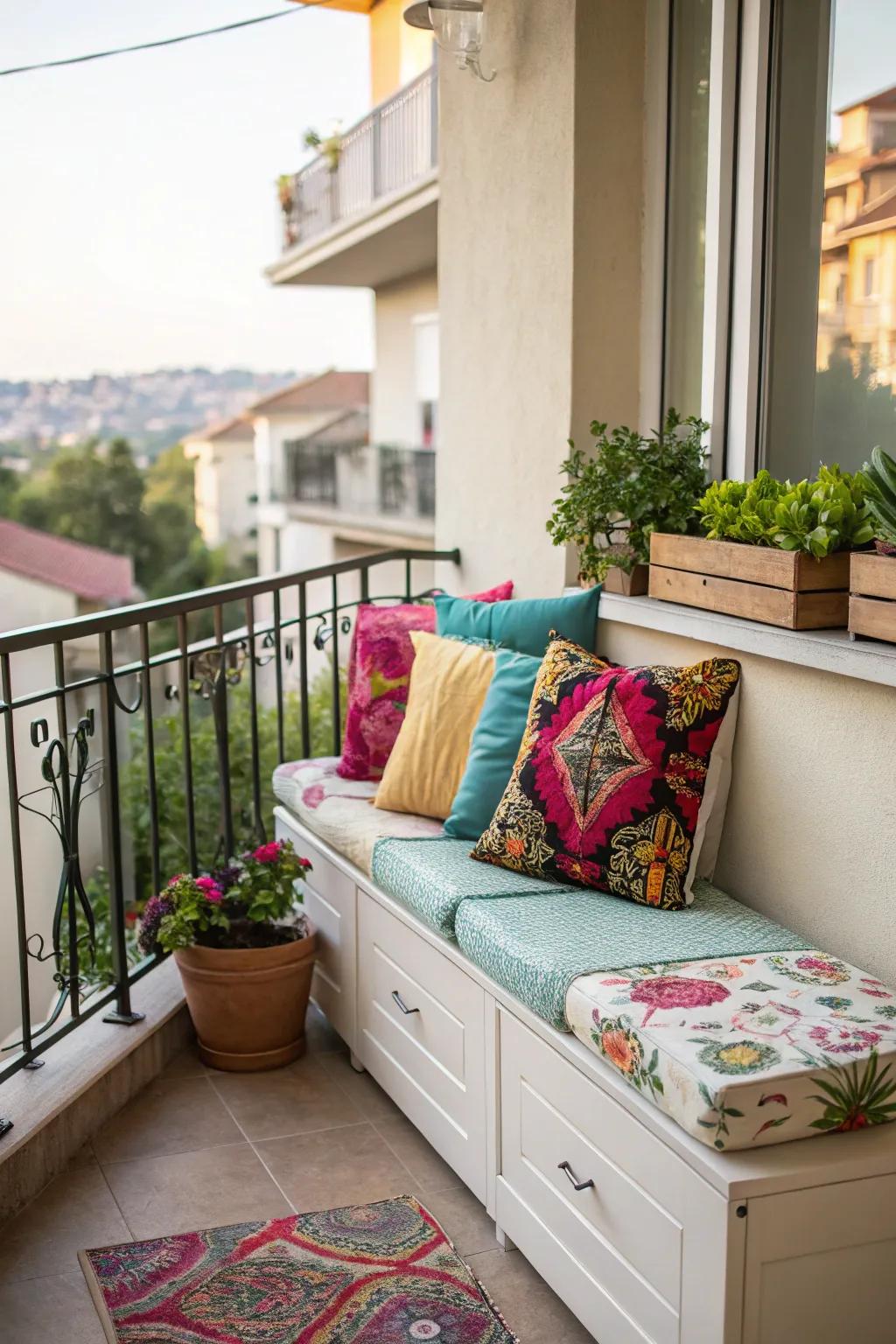 A storage bench offers seating and practical storage space.