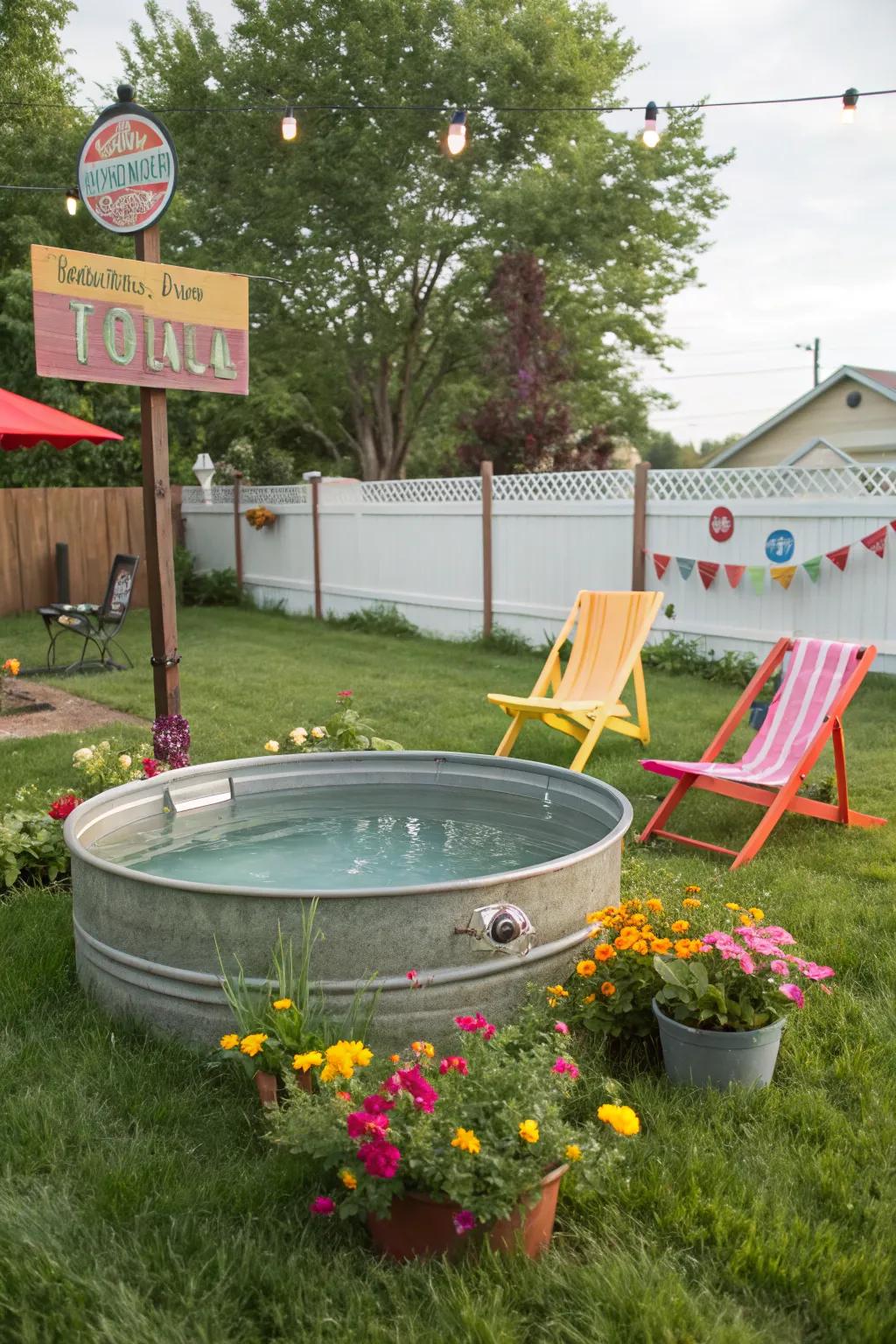 A retro-themed galvanized pool setup with vintage touches.