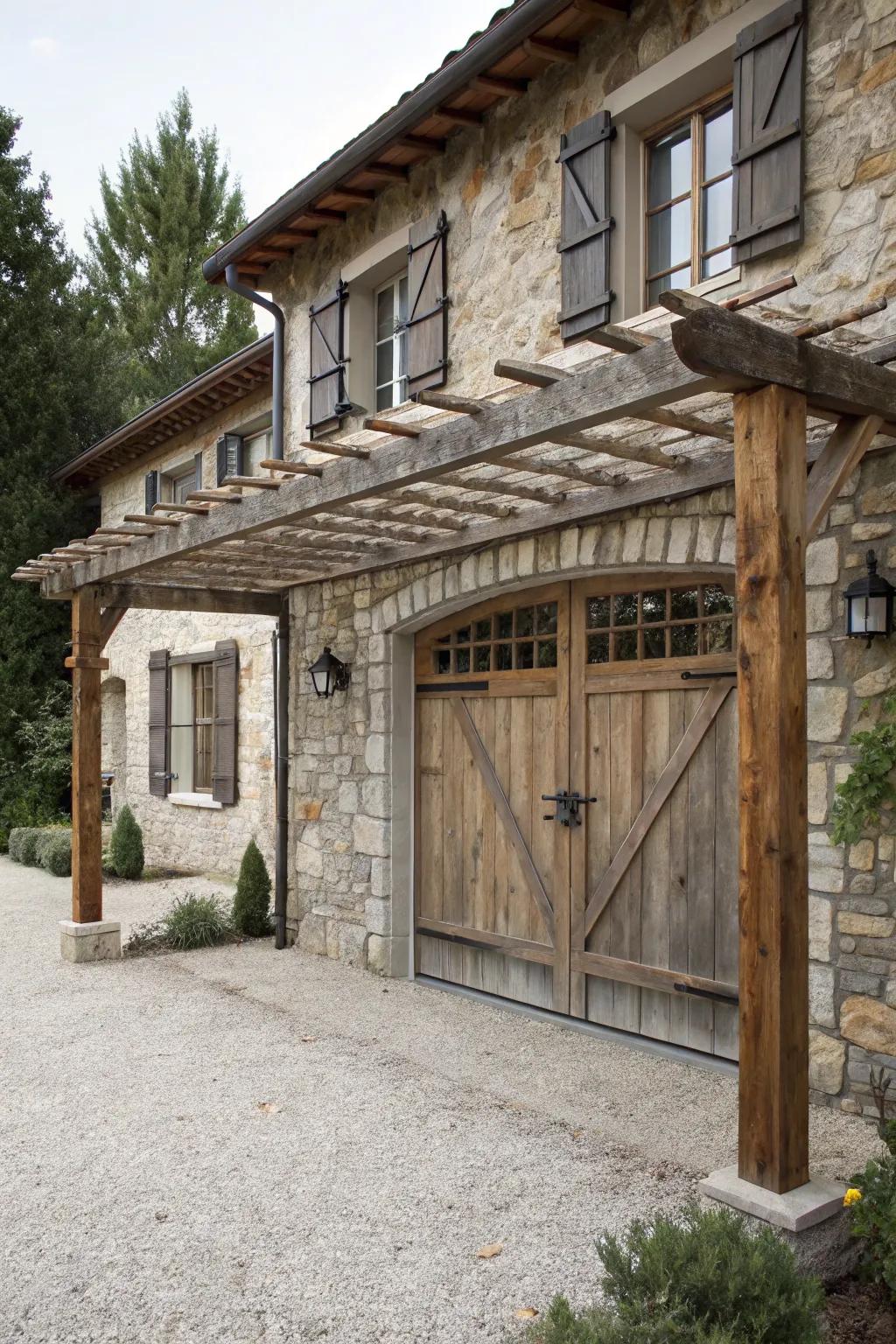 A rustic wooden pergola adds cozy charm.