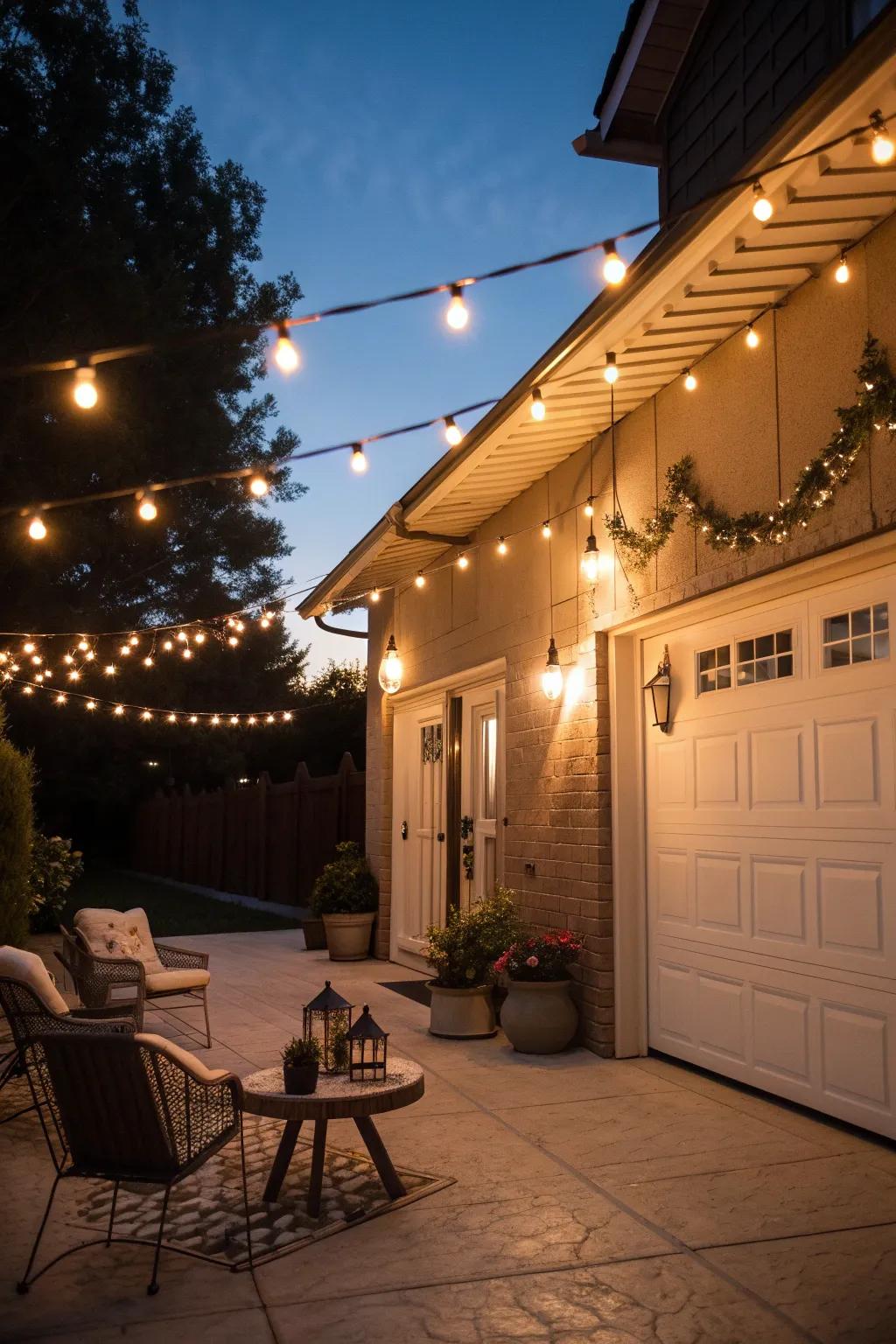 A garage patio beautifully lit with string lights.