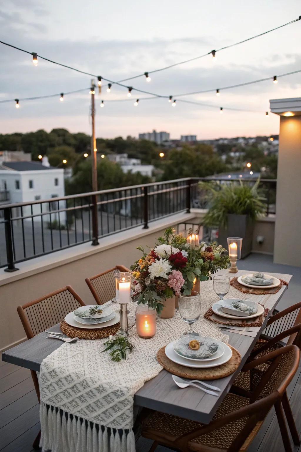 Dine under the stars with a stylish rooftop dining setup.