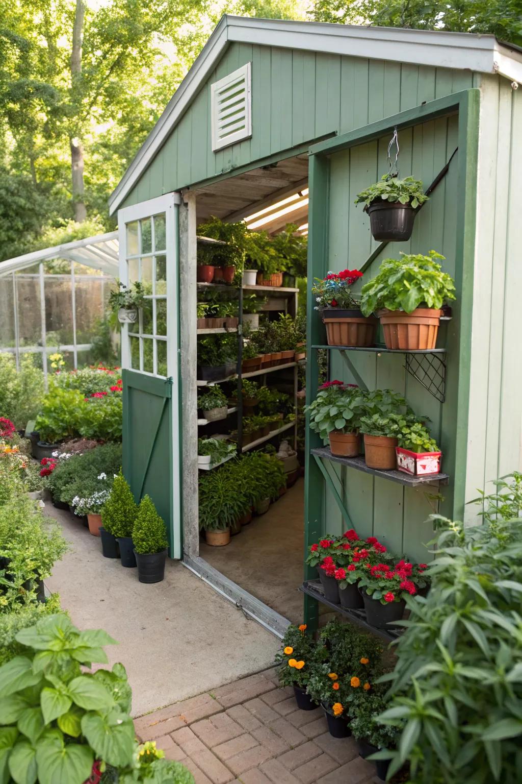 A sustainable greenhouse made from a garage shed.