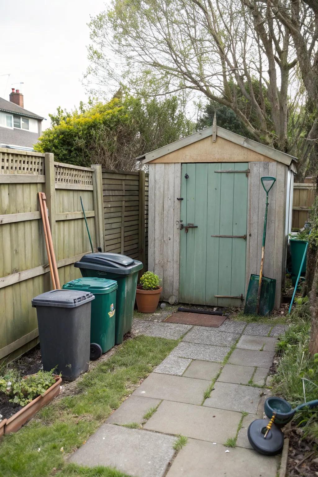 A compact shed offers a neat, weatherproof solution for trash storage.