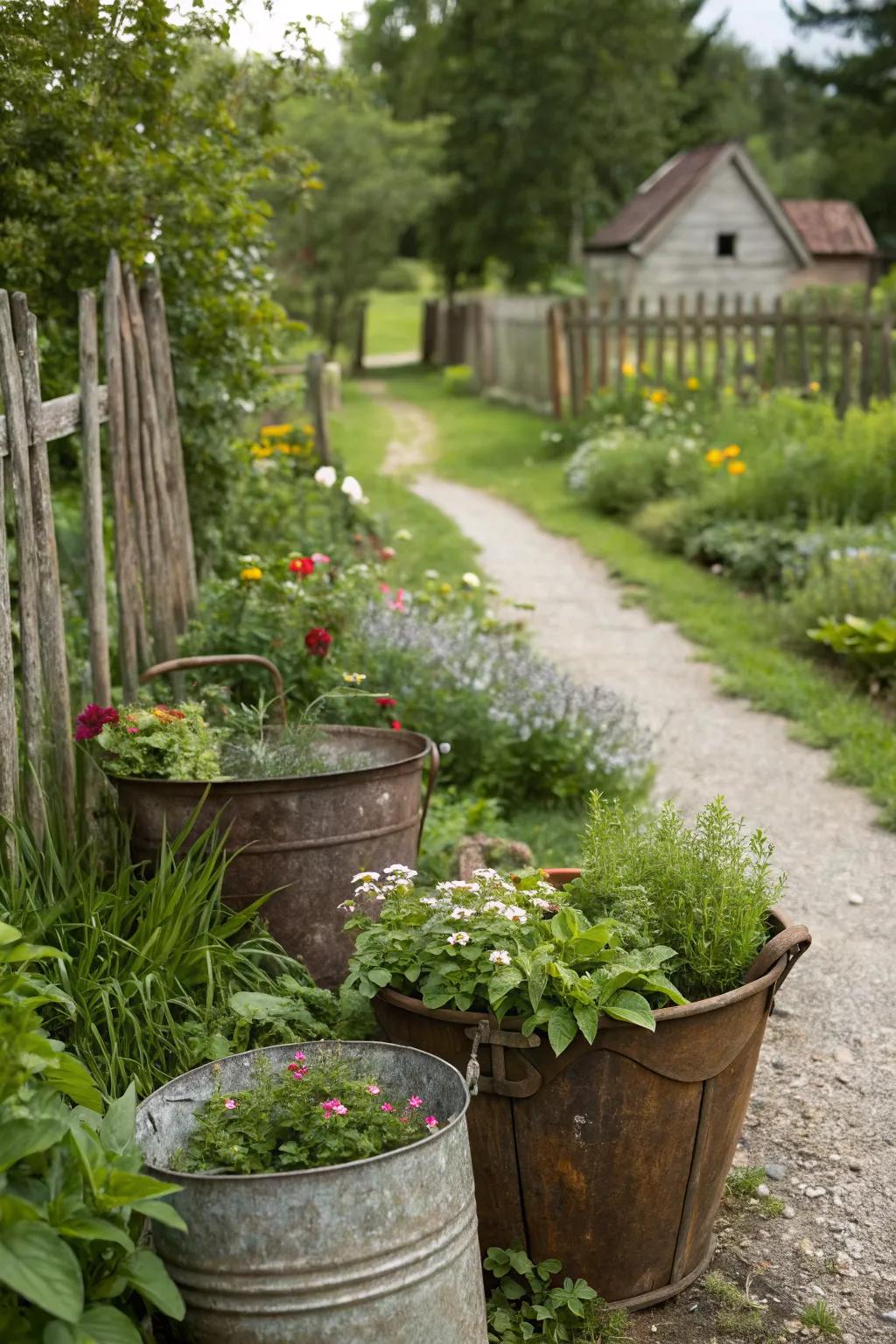 Repurpose metal pots as rustic garden planters.