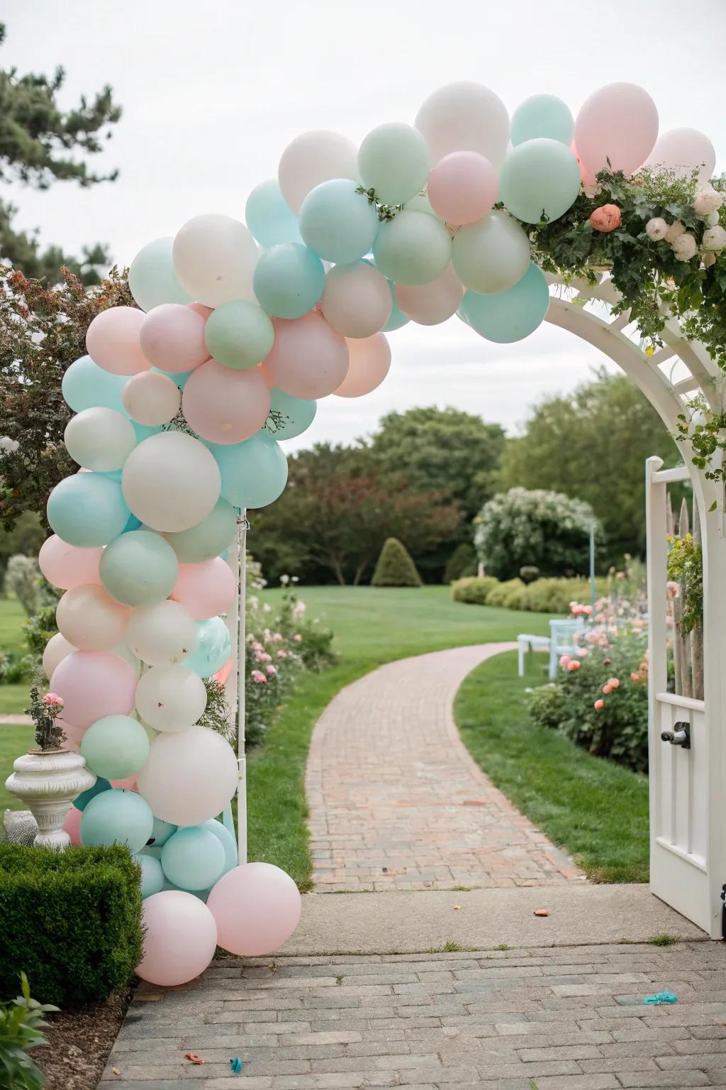 A balloon arch adds a playful yet sophisticated touch to the entrance.