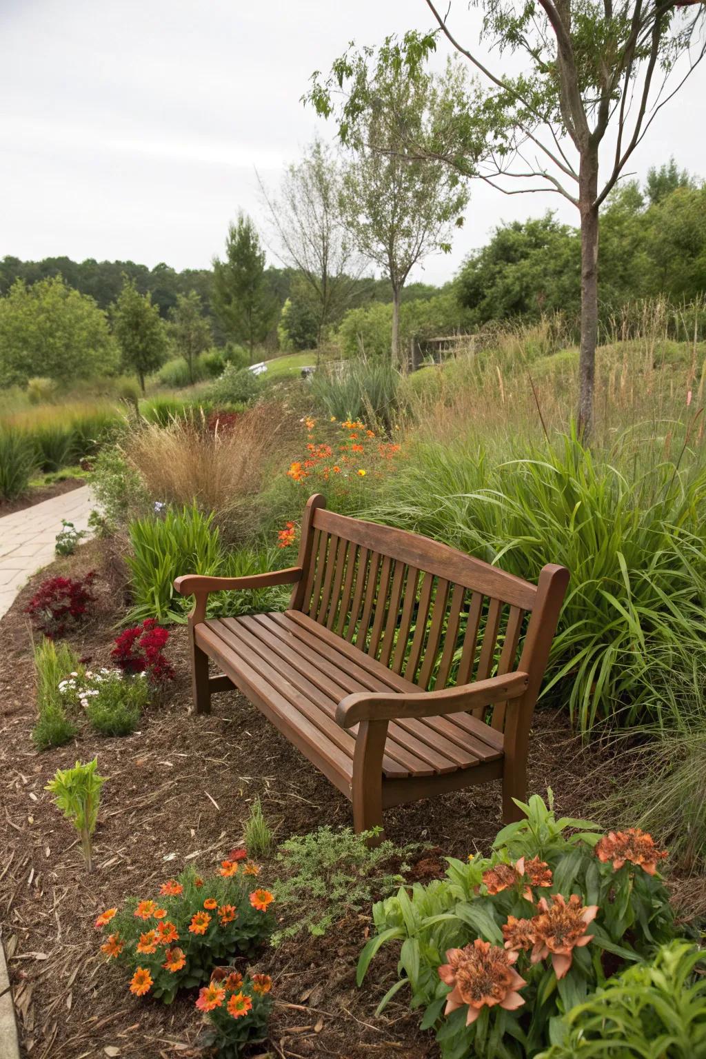 A brown bench blends effortlessly with natural surroundings.