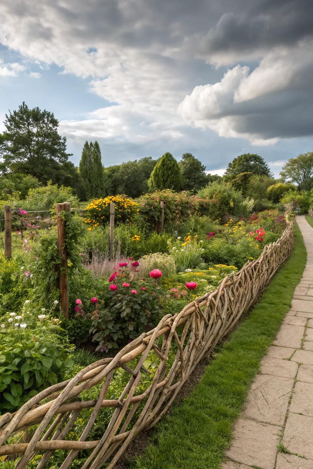 A braided branch fence adds a whimsical touch to garden borders.