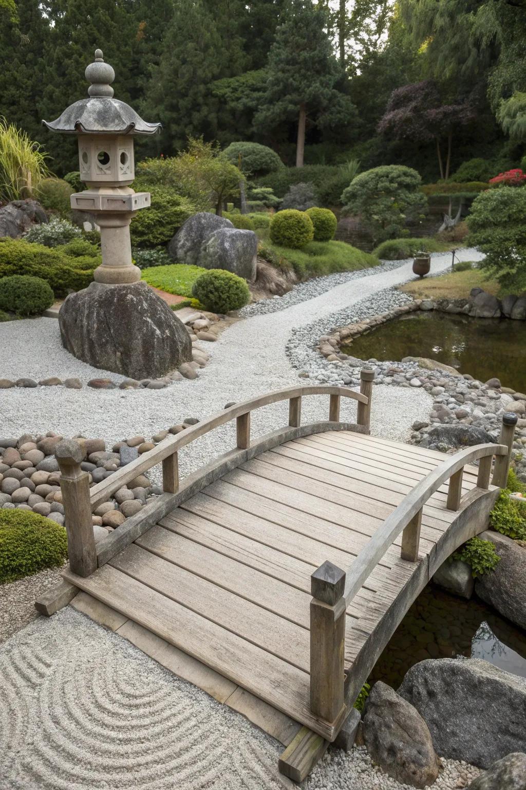 A bridge in a zen garden creates a serene atmosphere.