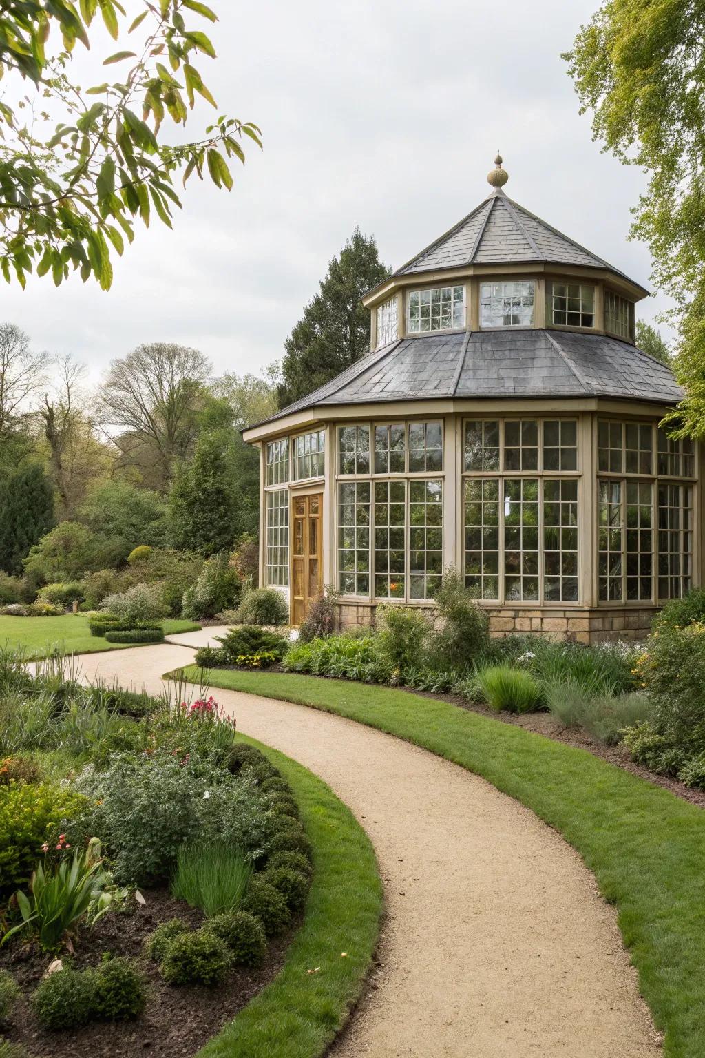 An eye-catching hexagonal garden building with a unique design.