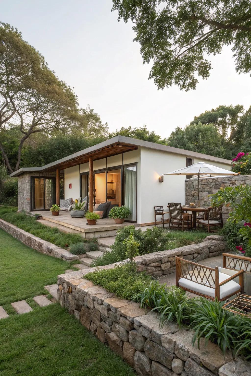 A harmonious blend of modern and traditional styles in a garden bungalow.