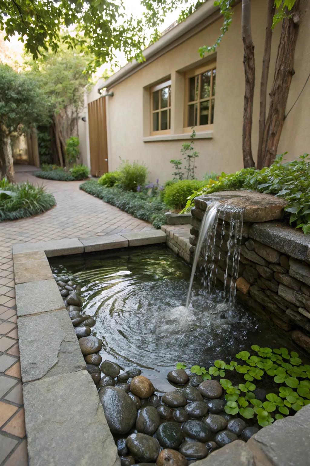 A water feature adds tranquility to the courtyard.
