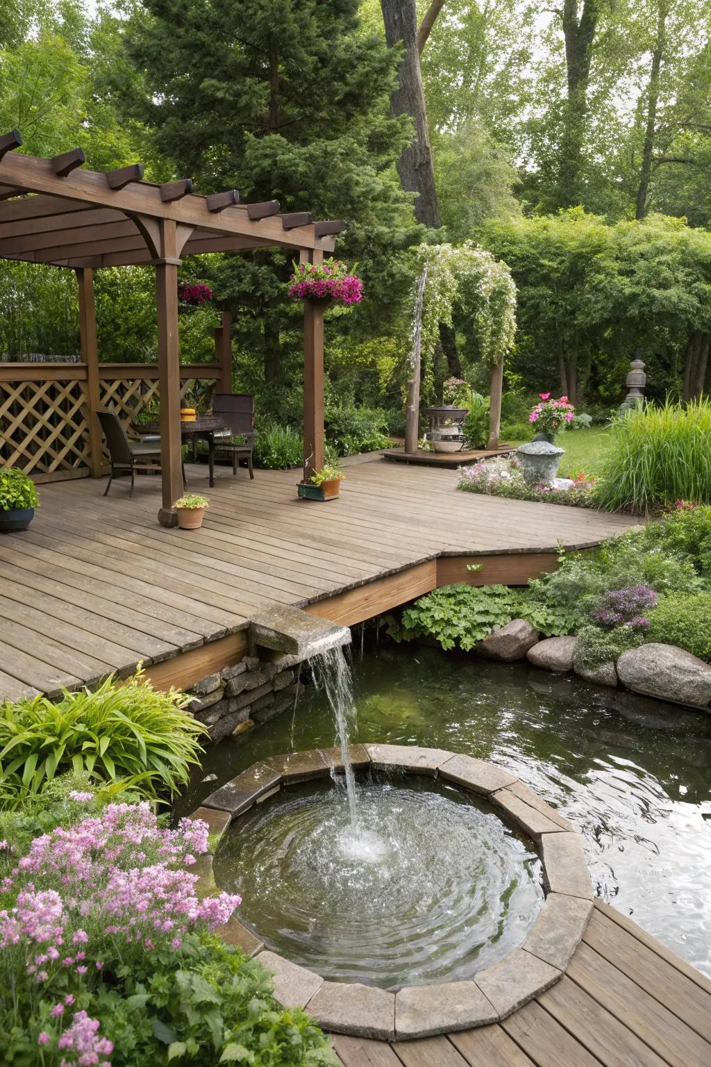 A peaceful deck adorned with a tranquil water feature.